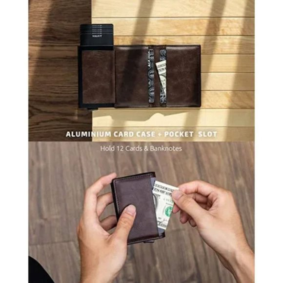 New Card Holder Pop Up Slim Wallet Leather RFID Blocking Card, Espresso - Picture 6 of 7